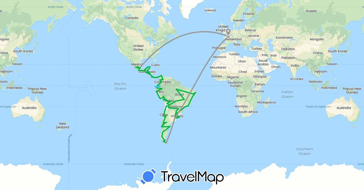 TravelMap itinerary: driving, bus, plane, boat in Argentina, Bolivia, Brazil, Chile, Colombia, Costa Rica, Ecuador, France, Guatemala, Honduras, Mexico, Nicaragua, Panama, Peru, Uruguay (Europe, North America, South America)